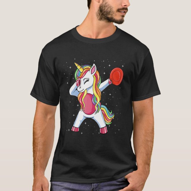 Dabbing Unicorn Golfer Flying Disc Golf Player Gir T-Shirt (Front)
