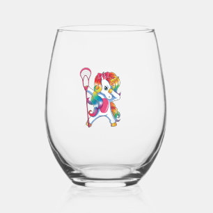 Dabbing Unicorn Lacrosse Funny Lax Player T-Shirt Stemless Wine Glass