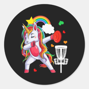 Dabbing Unicorn Playing Disc Golf Funny Player Coa Classic Round Sticker