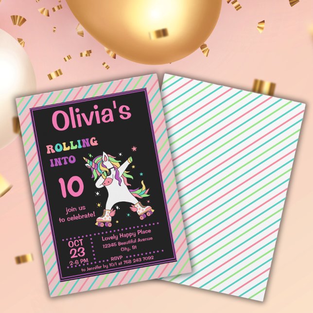 Dabbing Unicorn Roller Skating Birthday Party Invi Invitation (Creator Uploaded)