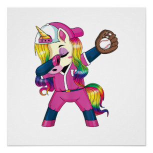 Dabbing Unicorn Softball Rainbow Baseball Girls Te Poster