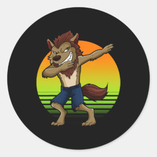 Dabbing Werewolf Retro Sunset Halloween Boys Kids Classic Round Sticker