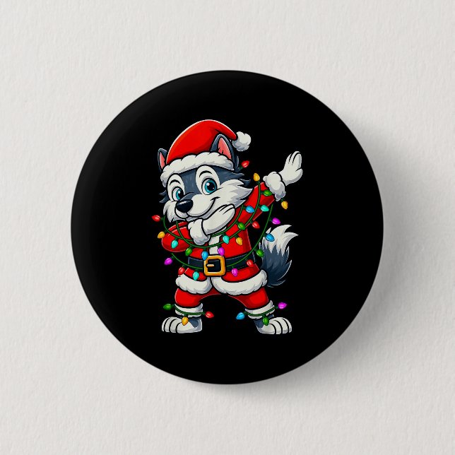 Dabbing Wolf Lights Santa Xmas Girls Boys Kids Chr 6 Cm Round Badge (Front)