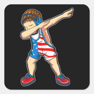 Dabbing Wrestling Boy Wrestler US Flag Square Sticker