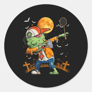 Dabbing Zombie Playing Badminton Halloween Badmint Classic Round Sticker