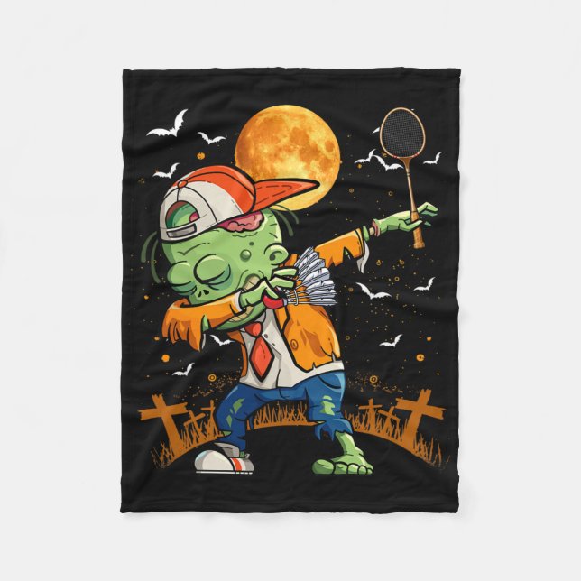 Dabbing Zombie Playing Badminton Halloween Badmint Fleece Blanket (Front)