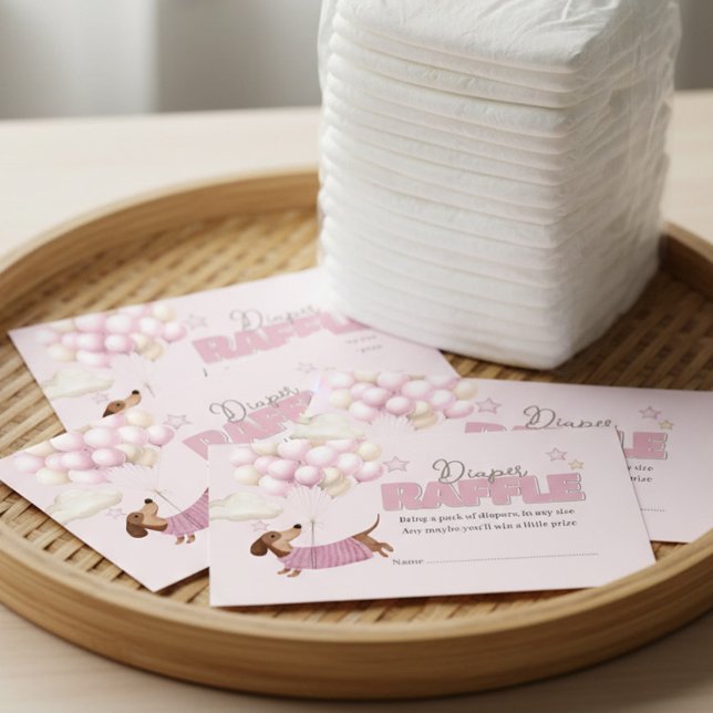 Dachshund and Balloons Pink Diaper Raffle Enclosure Card (Dachshund Teenie Weenie Diaper Raffle Card - Girl Baby Shower stationery.)