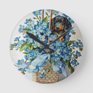 Dachshund and Forget-Me-Nots Round Clock