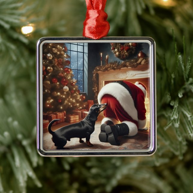 Dachshund and Santa  Metal Ornament (Tree)