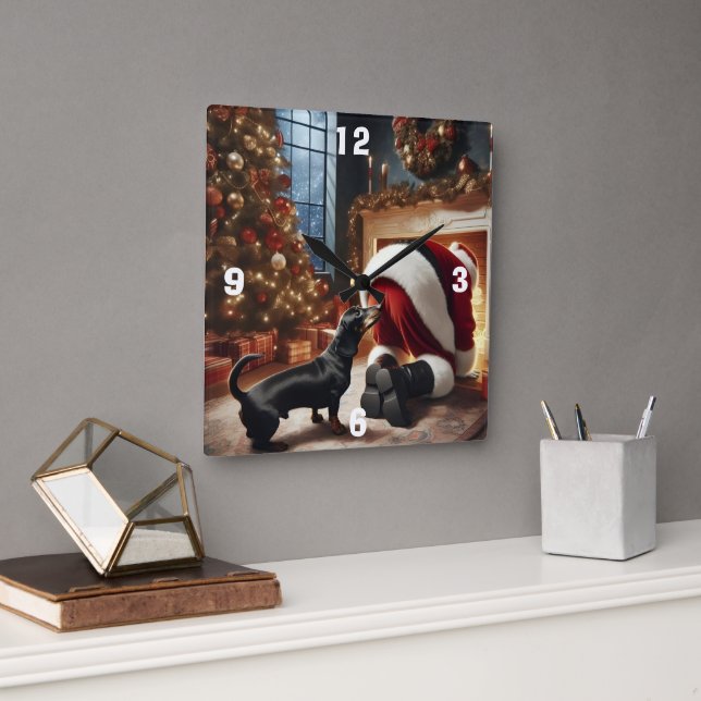 Dachshund and Santa  Square Wall Clock (Office)