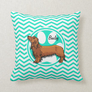 Dachshund; Aqua Green Chevron Cushion
