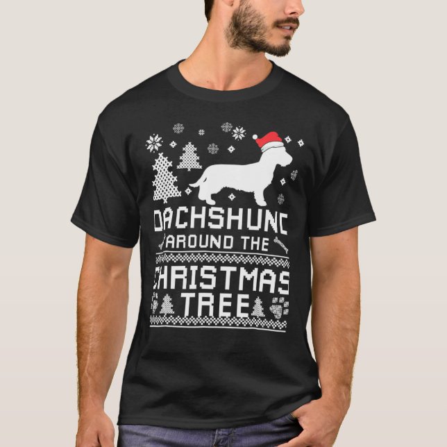 Dachshund Around Christmas Tree  Dachshund Owner T-Shirt (Front)