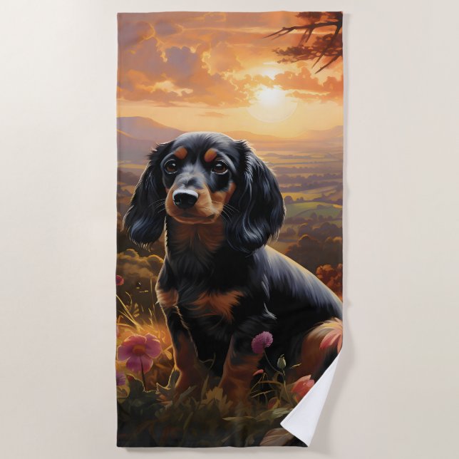 Dachshund At Dusk Beach Towel (Front)