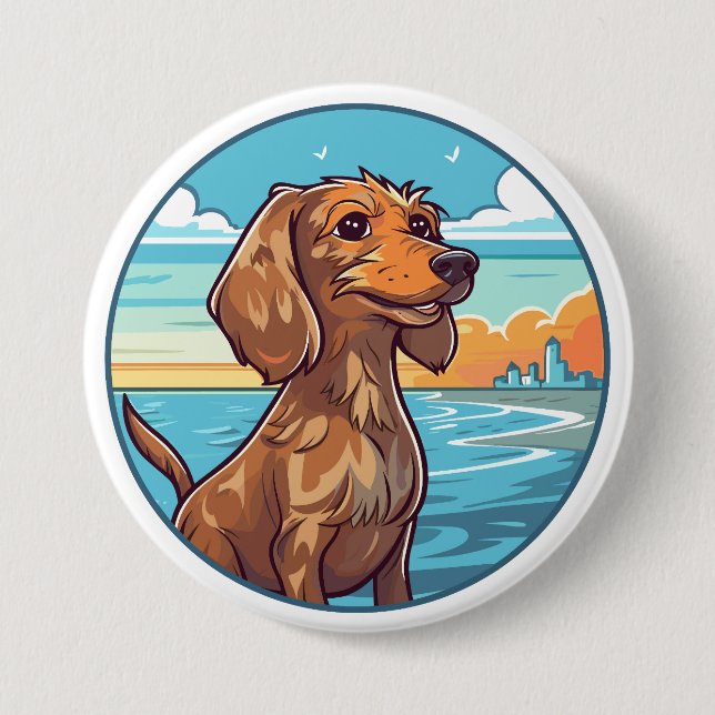 Dachshund at the beach 7.5 cm round badge (Front)
