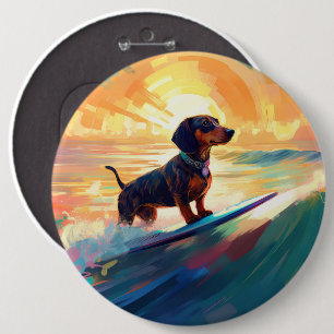 Dachshund Beach Surfing Painting 6 Cm Round Badge