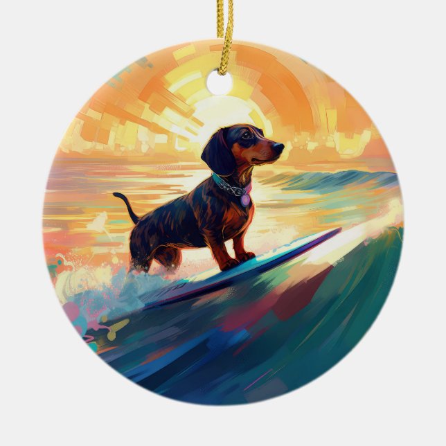Dachshund Beach Surfing Painting Ceramic Ornament (Front)