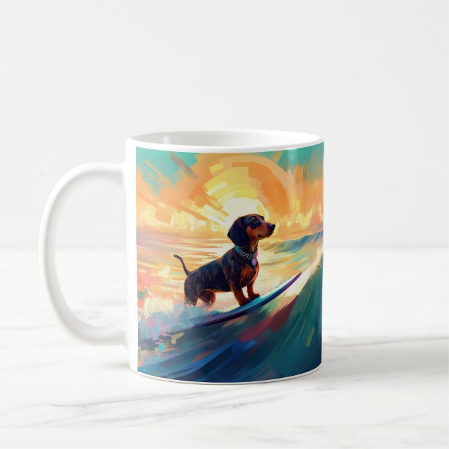 Dachshund Beach Surfing Painting Coffee Mug (Left)