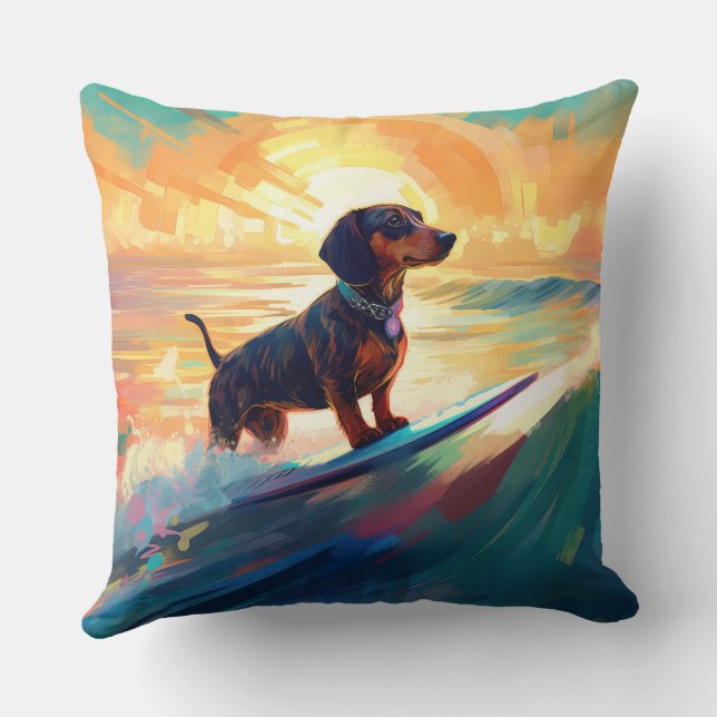 Dachshund Beach Surfing Painting Cushion (Back)