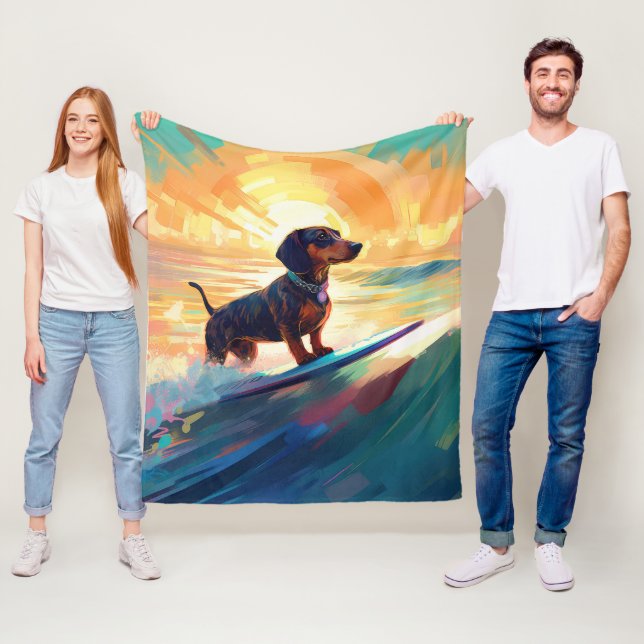 Dachshund Beach Surfing Painting Fleece Blanket (In Situ)