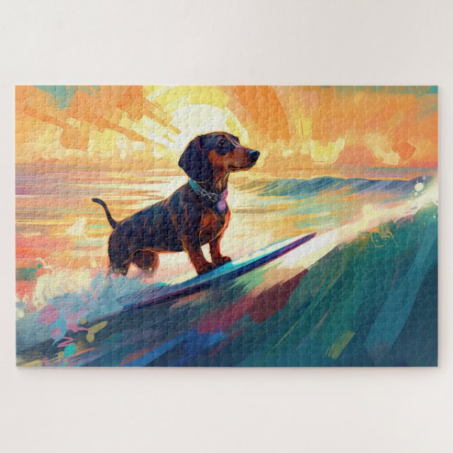 Dachshund Beach Surfing Painting Jigsaw Puzzle (Horizontal)