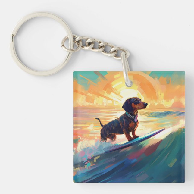 Dachshund Beach Surfing Painting Key Ring (Front)