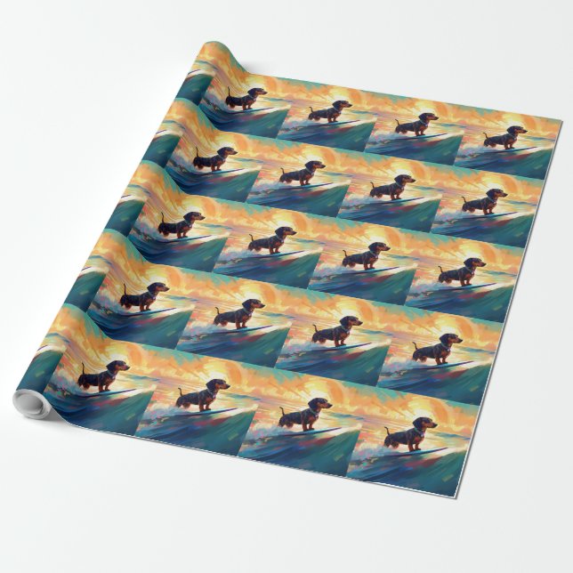 Dachshund Beach Surfing Painting Wrapping Paper (Unrolled)