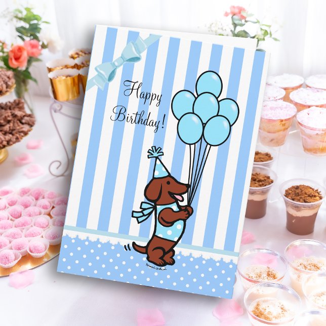 Dachshund Birthday Cartoon Balloons Card (Dachshund Cartoon Birthday Light Blue Balloons Greeting Card for Dachshund Owners!  Cute Dog design.)