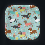 Dachshund Birthday Party Celebration Paper Plate<br><div class="desc">Cute birthday party dachshund dogs with black,  tan and dapple coats dressed in cute birthday outfits with balloons,  cake and confetti pattern.</div>