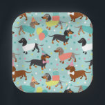 Dachshund Birthday Party Celebration Paper Plate<br><div class="desc">Cute birthday party dachshund dogs with black,  tan and dapple coats dressed in cute birthday outfits with balloons,  cake and confetti pattern.</div>