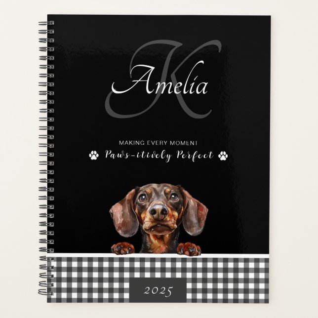 Dachshund Black White Plaid Custom  Planner (Front)