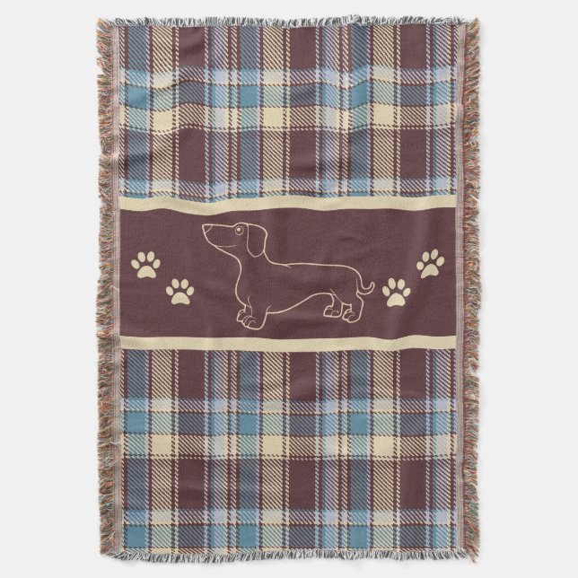 Dachshund Blue/Maroon Plaid Throw Blanket (Front Vertical)
