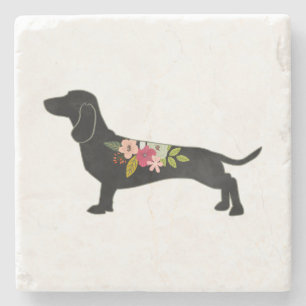 Dachshund Bohemian Floral Silhouette Stone Coaster