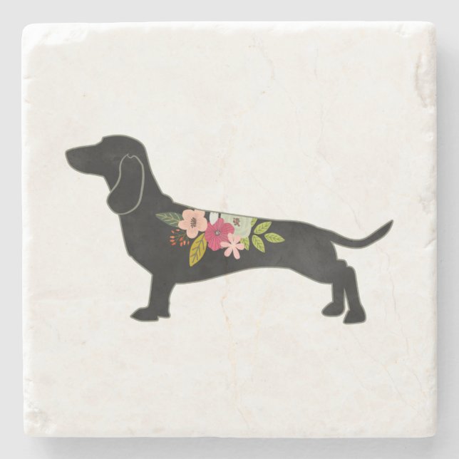 Dachshund Bohemian Floral Silhouette Stone Coaster (Front)