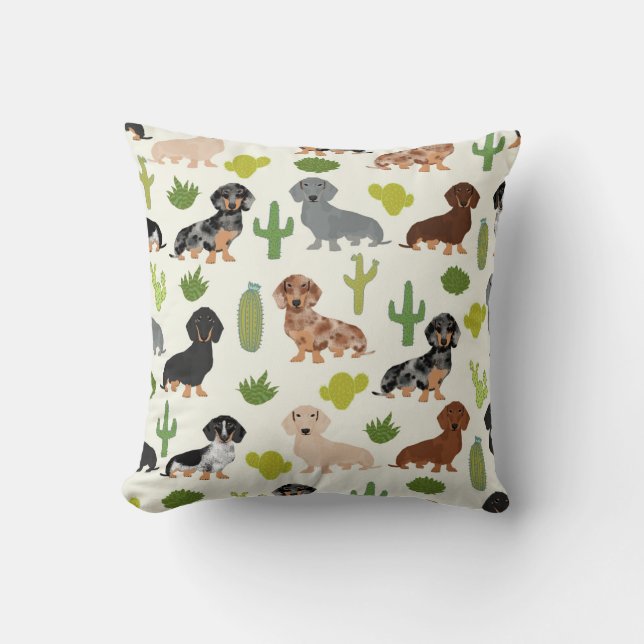 Dachshund cactus throw pillow cute dogs design (Front)