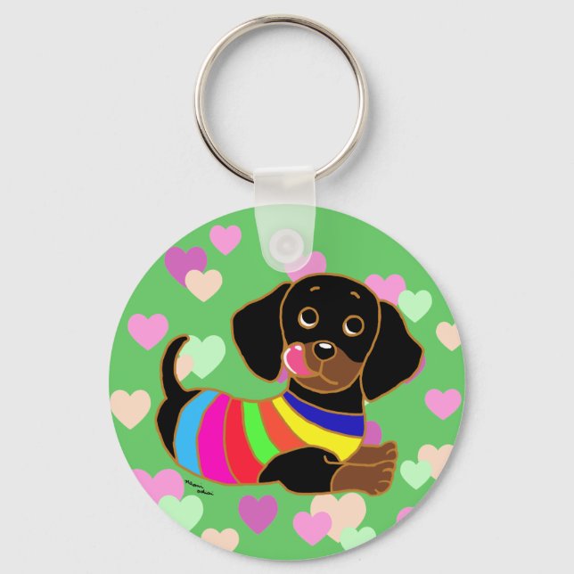 Dachshund Cartoon 2 Hearts Key Ring (Front)