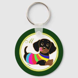 Dachshund Cartoon 2 Monogrammed Key Ring