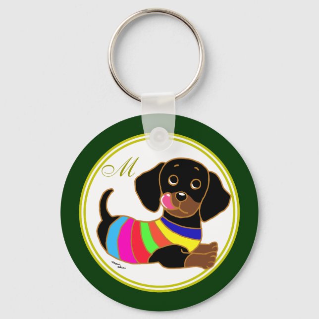 Dachshund Cartoon 2 Monogrammed Key Ring (Front)