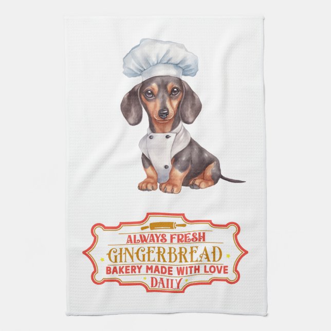 Dachshund Chef Baking Gingerbread Tea Towel (Vertical)