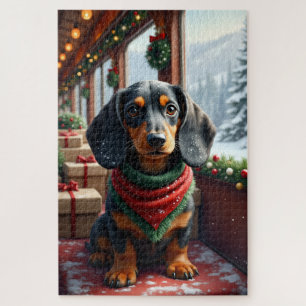 Dachshund Christmas Art Jigsaw Puzzle