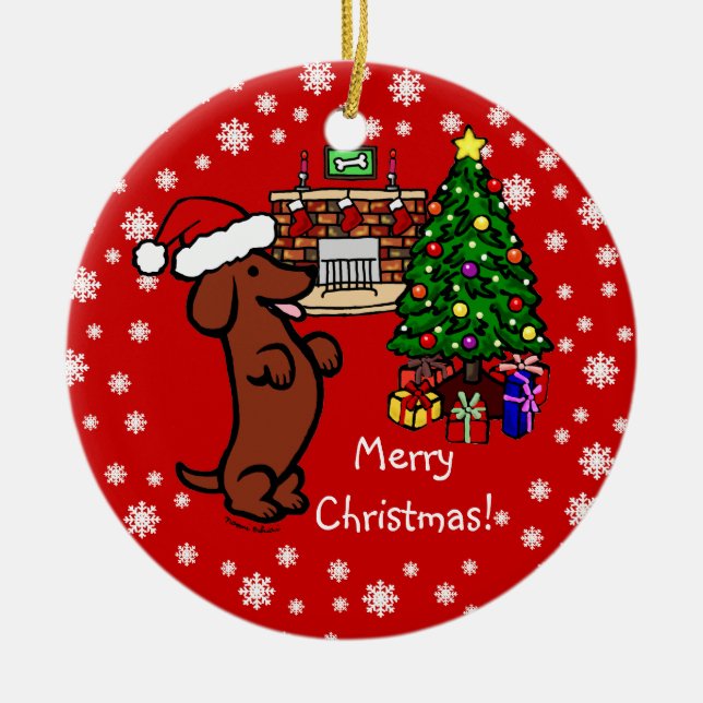 Dachshund Christmas Cartoon Ceramic Tree Decoration (Front)