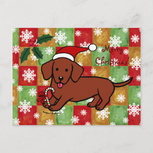 Dachshund Christmas Cartoon Snowflakes Holiday Postcard