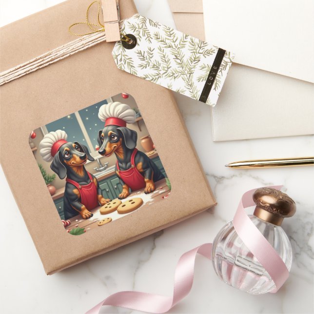 Dachshund Christmas Cookie Bakers Holiday Painting Square Sticker (Gifting)