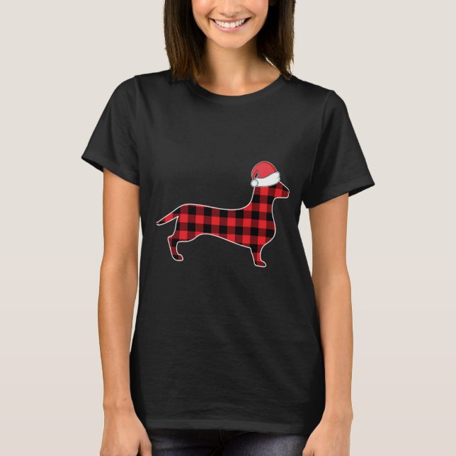 Dachshund Christmas Decorations Red Plaid Buffalo  T-Shirt (Front)