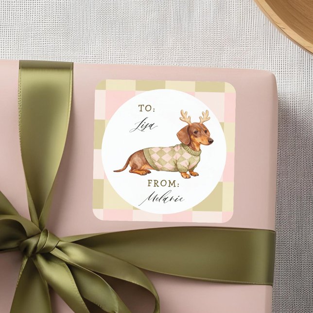 Dachshund Christmas Dog Chequered Knitted Sweater Square Sticker (Dachshund Christmas Dog Checkered Knitted Sweater Square Sticker)