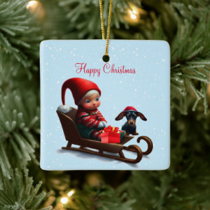 Dachshund Christmas Elf Ceramic Ornament