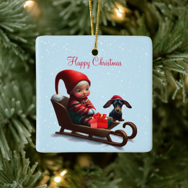 Dachshund Christmas Elf Ceramic Ornament (Tree)