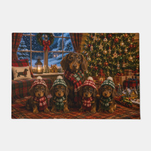 Dachshund Christmas Family with 4 Puppies Doormat