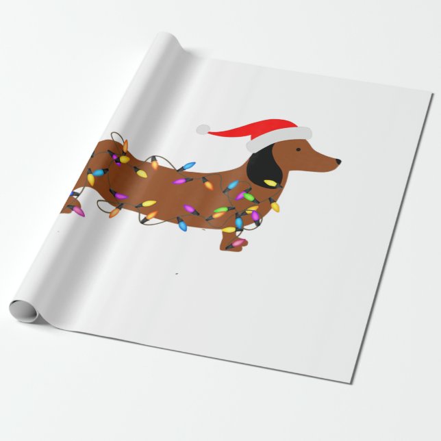 Dachshund Christmas Funny Christmas Tree Lights Wrapping Paper (Unrolled)