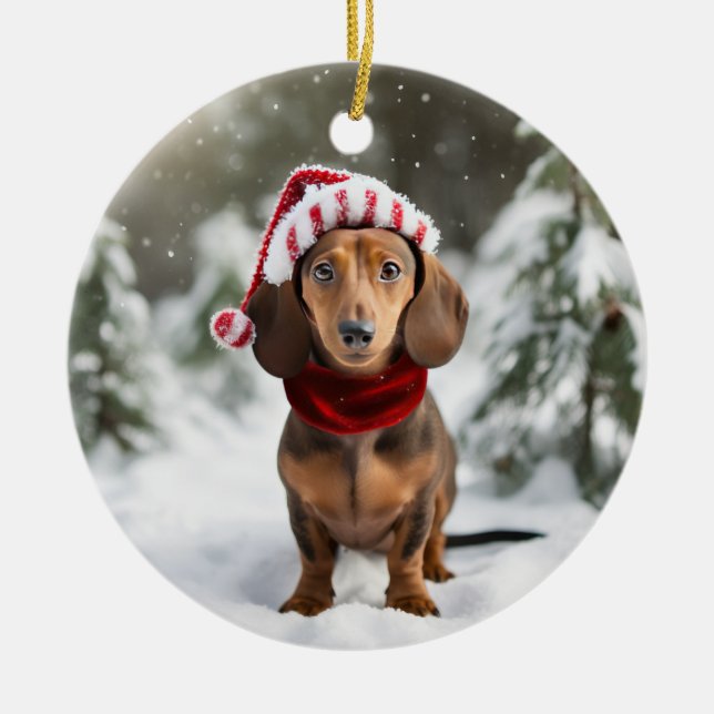 Dachshund Christmas Keepsake Ceramic Ornament (Front)
