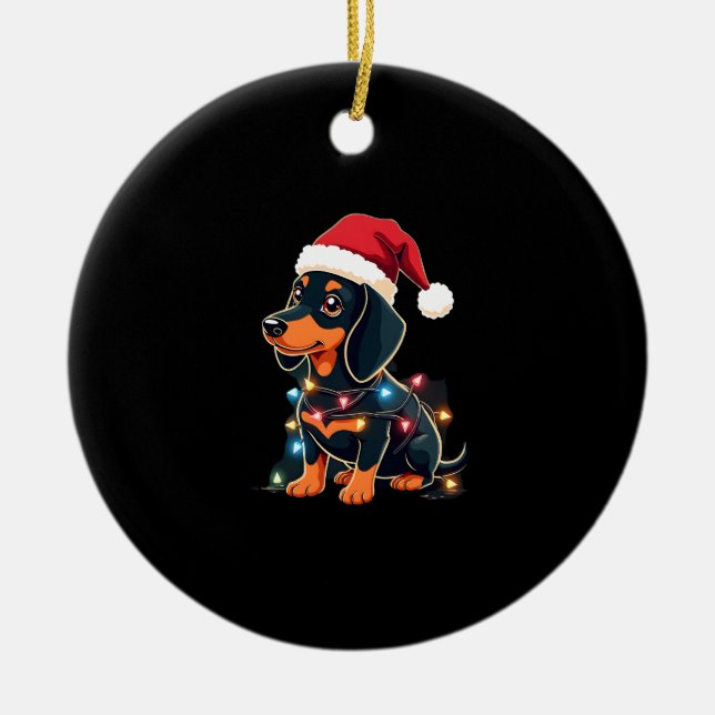 Dachshund Christmas Lights Santa Hat Xmas Dog Love Ceramic Ornament (Front)